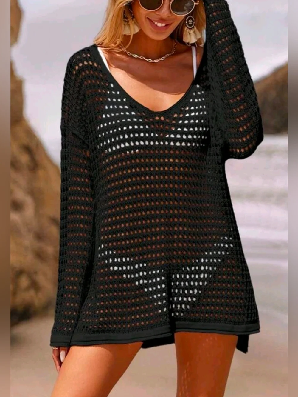 New Sheer Crochet Knit Long Sleeve Top Cover Up Black